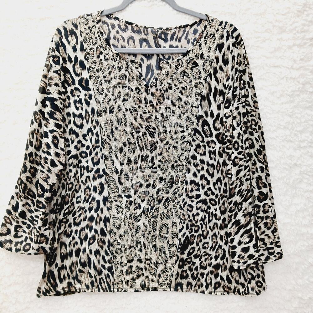 Blouse T-Shirt Animal Leopard Embroidered Boho Relaxed Elastic Hem Chic Size 2X